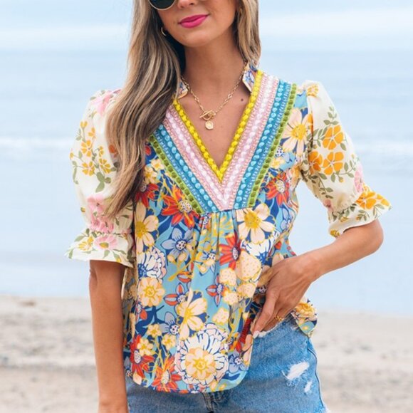 Tops - Multi-color Crochet Boho Floral Blouse